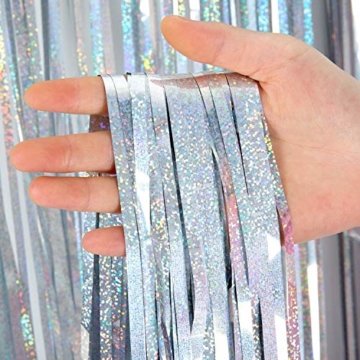 4 Stück Lametta Vorhänge Dekoration, Comius Sharp 1 x 2.5 m Glitzervorhang Tinsel Vorhänge Folie Fringe Shimmer Vorhang für Party, Hochzeitsdeko, Geburtstags Silvester Weihnachten Deko (Silber) - 1