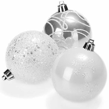 com-four® 6X Weihnachtskugeln - Christbaumkugeln aus bruchsicherem Kunststoff für Weihnachten - Baumschmuck für den Christbaum, Ø 8 cm (weiß/silberfarben) - 2