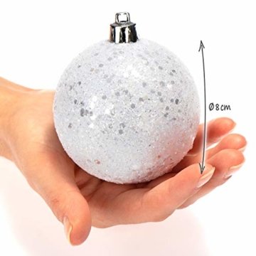 com-four® 6X Weihnachtskugeln - Christbaumkugeln aus bruchsicherem Kunststoff für Weihnachten - Baumschmuck für den Christbaum, Ø 8 cm (weiß/silberfarben) - 3