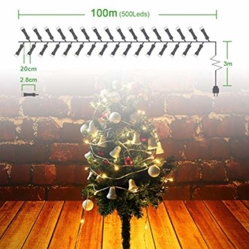 Elegear 100M 500 LEDs Lichterkette warmweiß, 8 Modi LED Weihnachtsbeleuchtung strombetrieb Deko für Innen Außen Neujahr Weihnachten Geburtstag Feiertag Party Hotel Garten Hochzeit - 6
