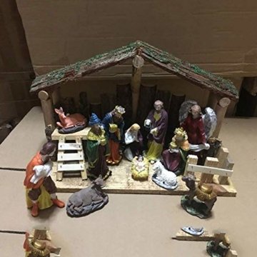 Exquisite Krippenfiguren Weihnachtskrippe 15 LED Beleuchtung und 12 Figuren Holz Tischdeko Beleuchtet Weihnachtsdeko Krippe Figuren Handbemalt Abbildung Statue - 4