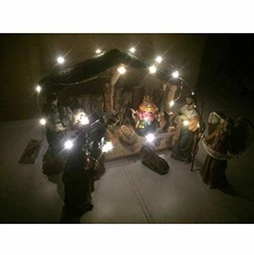 Exquisite Wunderschöne Weihnachtskrippe Krippenfiguren 20 LED Beleuchtung und 11 Figuren Holz Tischdeko Beleuchtet Weihnachtsdeko Krippe Figuren Handbemalt Abbildung Statue - 5