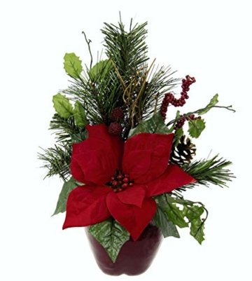 Flair Flower Gesteck Weihnachtsstern auf Apfel-Topf Poinsettie Kunstblume Weihnachtsblume Winterblume Blume Pflanze Arrangement Weihnachtsdeko Tischdeko, rot, 33x23x11 cm - 2