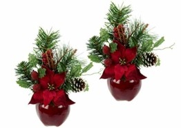 Flair Flower Gesteck Weihnachtsstern auf Apfel-Topf Poinsettie Kunstblume Weihnachtsblume Winterblume Blume Pflanze Arrangement Weihnachtsdeko Tischdeko 2er Set, rot, 24x17x9 cm - 1