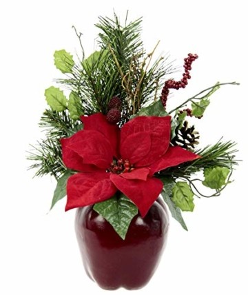 Flair Flower Gesteck Weihnachtsstern auf Apfel-Topf Poinsettie Kunstblume Weihnachtsblume Winterblume Blume Pflanze Arrangement Weihnachtsdeko Tischdeko, rot, 33x23x11 cm - 1