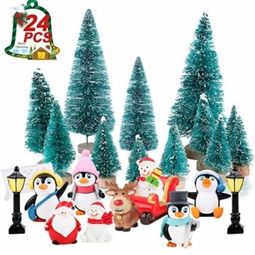 FLOFIA 24 TLG. Miniatur Deko Mini Weihnachtsfiguren Mini Weihnachten Deko Weihnachtsbaum Weihnachtsfiguren Miniatur Garten Deko Mini Tannen-Christbaum Schneemann Elch Pinguin Mini Tischdeko - 3