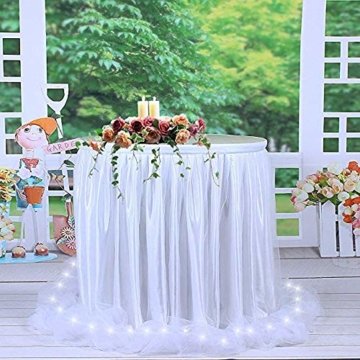 HBBMAGIC LED Tischrock Weiß Tüll Tischdeko Party deko Für Babyparty mädchen, Hochzeit, Geburtstag, Weihnachten, Candy bar zubehör(Weiß,183cm*76cm) - 2