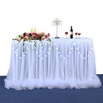 HBBMAGIC LED Tischrock Weiß Tüll Tischdeko Party deko Für Babyparty mädchen, Hochzeit, Geburtstag, Weihnachten, Candy bar zubehör(Weiß,183cm*76cm) - 4