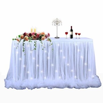 HBBMAGIC LED Tischrock Weiß Tüll Tischdeko Party deko Für Babyparty mädchen, Hochzeit, Geburtstag, Weihnachten, Candy bar zubehör(Weiß,183cm*76cm) - 1