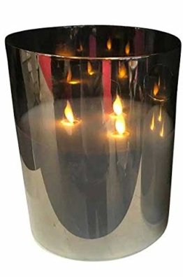 Hochwertige & Edle LED Kerze im Glas Windlicht mit Timer & Fernbedienung – Dreidochtkerze/Mehrdochtkerze – Realistisch Flackernd – Neuheit 2020 Weihnachten (Grau, Höhe: 20cm - Ø 15cm) - 1