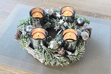 Kamaca Adventskranz aus massiven Holzzweigen mit Deko wie Tannenzweigen und Glas Kerzenhaltern inklusive 4 LED Teelichter Advent Weihnachten (grün braun) - 3