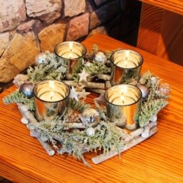 Kamaca Adventskranz aus massiven Holzzweigen mit Deko wie Tannenzweigen und Glas Kerzenhaltern inklusive 4 LED Teelichter Advent Weihnachten (grün braun) - 1