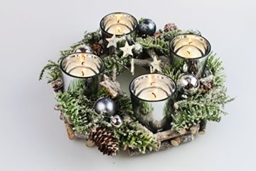 Kamaca Adventskranz aus massiven Holzzweigen mit Deko wie Tannenzweigen und Glas Kerzenhaltern inklusive 4 LED Teelichter Advent Weihnachten (grün braun) - 5