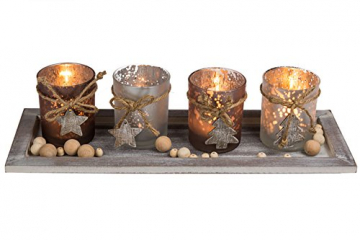 Kamaca XL Holzteller mit LED Kerzen und Dekoration – Set aus 4 Glas Kerzenhaltern und 4 LED Teelichtern Winter Advent Weihnachten (40 x 15 x 15 cm) - 