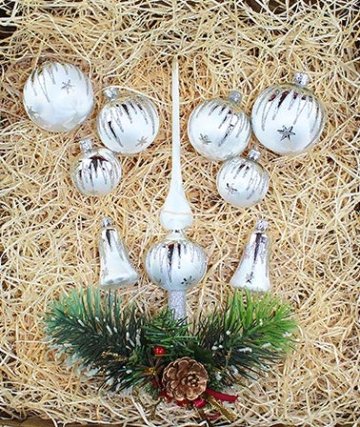 Lauscha 40er Christbaumschmuck, Weihnachtsbaumkugel Set, Eislack Weiß Silber Zacken, 38 Kugeln+Spitze, Handarbeit - 2