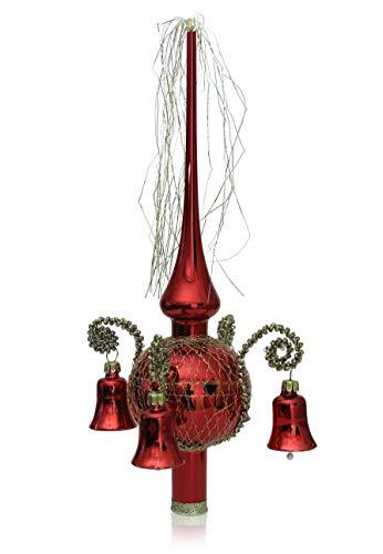 Lauschaer Glas Weihnachtsbaumspitze mit Glöckchen rot Glanz, umsponnen L ca. 28cm d(Kugel) 7cm Christbaumschmuckspitze mundgeblasen,handdekoriert,Leonischer Draht - 1