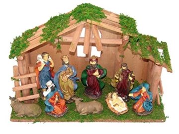 LD Weihnachten Deko Weihnachtskrippe 10 teilig Krippenstall Holz Krippe Figuren Bethlehem Heilige (Lieferzeit ist 3-7 Tagen) - 2