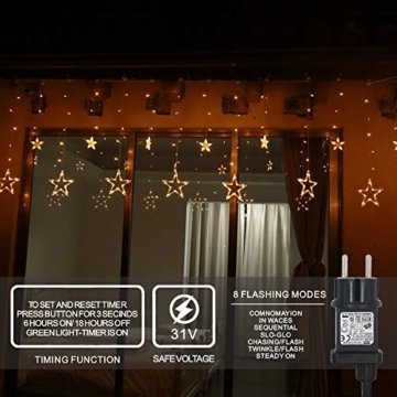 LED Lichterkette 12 Sterne, Lichtervorhang weihnachtslichter Sternenvorhang 138 LEDs 8 Modi Für Innen Außen, Weihnachten, Party, Hochzeit, Garten, Balkon, Deko (Warmweiß) - 3