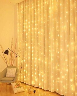 LED Lichtervorhang, 3 * 3M 300er Lichterketten Vorhang USB Fenster Lichterkette Wand mit Fernbedienung&Timer 8 Modi Wasserfall Lichterkette Innen Weihnachten Deko für Party Hochzeit Zimmer-Warmweiß - 1