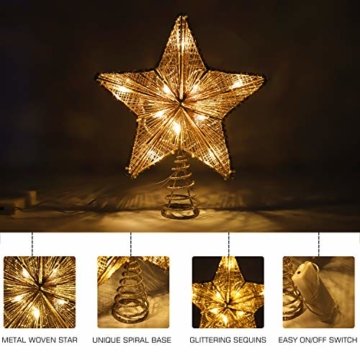 Lewondr Christbaumspitze, Glitzernder Weihnachtsbaum Topper Beleuchtete Funkelnde Stern Weihnachtsbaumspitze Weihnachten Dekoration LED Dekorativ Licht Batteriebetrieb 25.4cm - Gold - 4