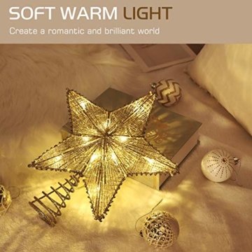 Lewondr Christbaumspitze, Glitzernder Weihnachtsbaum Topper Beleuchtete Funkelnde Stern Weihnachtsbaumspitze Weihnachten Dekoration LED Dekorativ Licht Batteriebetrieb 25.4cm - Gold - 6