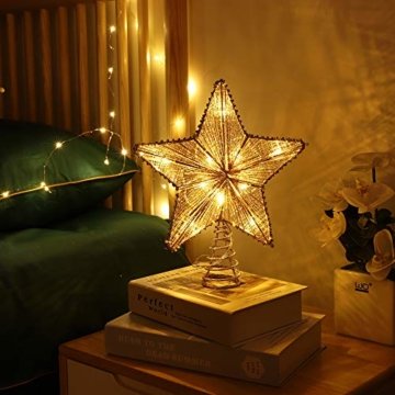 Lewondr Christbaumspitze, Glitzernder Weihnachtsbaum Topper Beleuchtete Funkelnde Stern Weihnachtsbaumspitze Weihnachten Dekoration LED Dekorativ Licht Batteriebetrieb 25.4cm - Gold - 7