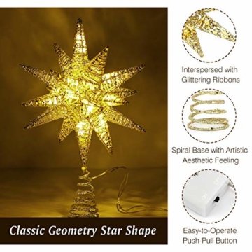 Lewondr Christbaumspitze, Glitzernder Weihnachtsbaum Topper Beleuchtete Funkelnde 3D geometrisch Stern Weihnachtsbaumspitze Weihnachten Dekoration LED Dekorativ Licht Batteriebetrieb 28cm - Gold - 6