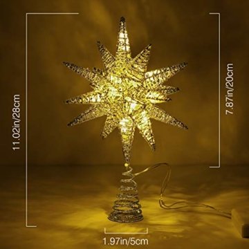 Lewondr Christbaumspitze, Glitzernder Weihnachtsbaum Topper Beleuchtete Funkelnde 3D geometrisch Stern Weihnachtsbaumspitze Weihnachten Dekoration LED Dekorativ Licht Batteriebetrieb 28cm - Gold - 8