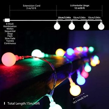 Lichterkette Außen bunt Glühbirnen, 12M 120 LED mit 31V Transformator, 8 Modi Weihnachten Lichterketten für Party Garten Balkon und Innen, Weihnachten, Kinderzimmer, Party, DIY usw, (Mehrfarbig) - 5