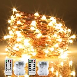 Lichterkette Batterie, 2er 12M 120 LED Lichterketten 8 Modi Außenbeleuchtung Kupferdraht Wasserdichte IP68 mit Fernbedienung und Timer für Outdoor, Innen, Außen, Weihnacht und Deko (Warmweiß) - 1