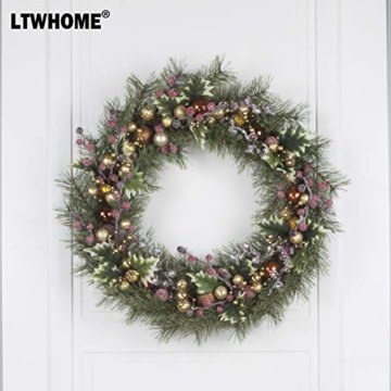 LTWHOME WHCMCGB Dmr 56cm Handgemachter Weihnachtskranz mit Kiefernnadeln, Holly Leaves, Weihnachtskugeln für Haus, Tür, Wand, Kaminsims, Fenster - 5