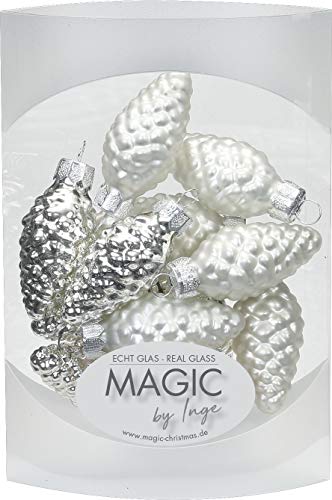 Magic 12 Zapfen 4,5 cm Glas Weihnachtsschmuck Weihnachtsdeko Christbaumkugeln Christbaumschmuck 45mm, Farbe: Silber Glanz/weiß matt - 1