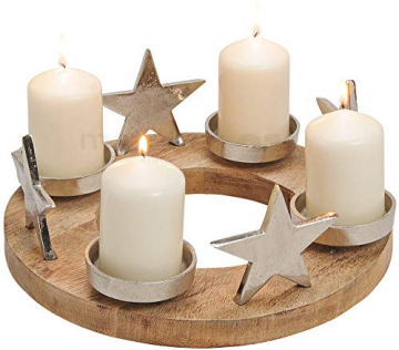 matches21 Adventskranz Adventsgesteck mit Sternen & Kerzenhalter aus Metall & Holz Deko Silber/braun Ø 30×13 cm - 