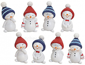 matches21 Schneemann Rasselbande Winter Deko Figuren Strickmützen rot/blau 8er Set Kunststoff je ca. 5 cm - 