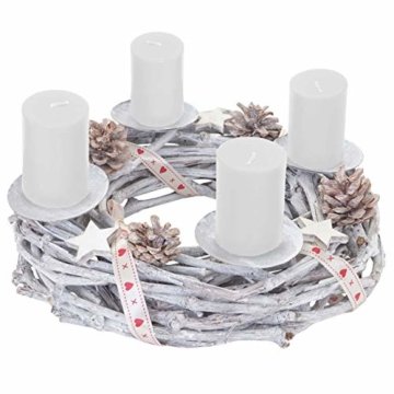 Mendler Adventskranz rund, Weihnachtsdeko Tischkranz, Holz Ø 30cm weiß-grau ~ mit Kerzen, weiß - 1