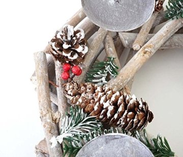 Mendler Adventskranz rund, Weihnachtsdeko Tischkranz, Holz Ø 35cm weiß-grau ~ mit Kerzen, rot - 2