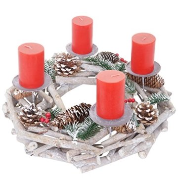 Mendler Adventskranz rund, Weihnachtsdeko Tischkranz, Holz Ø 35cm weiß-grau ~ mit Kerzen, rot - 3