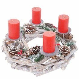 Mendler Adventskranz rund, Weihnachtsdeko Tischkranz, Holz Ø 35cm weiß-grau ~ mit Kerzen, rot - 1