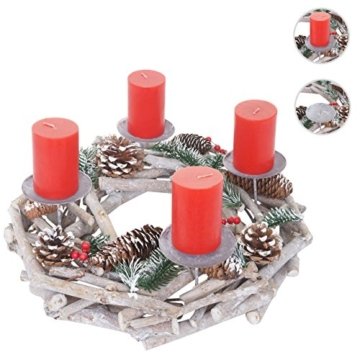 Mendler Adventskranz rund, Weihnachtsdeko Tischkranz, Holz Ø 35cm weiß-grau ~ mit Kerzen, rot - 6