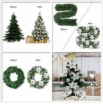 MMTX 120 Stück Christbaumschmuck mit Glitter Poinsettia künstliche Weihnachtsblumen Bögen Bell Schneeflocken kleine Krücken Clips für Weihnachtsbaumschmuck Weihnachtsdeko Fensterdeko (Silber) - 3