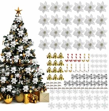MMTX 120 Stück Christbaumschmuck mit Glitter Poinsettia künstliche Weihnachtsblumen Bögen Bell Schneeflocken kleine Krücken Clips für Weihnachtsbaumschmuck Weihnachtsdeko Fensterdeko (Silber) - 1