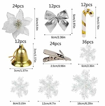 MMTX 120 Stück Christbaumschmuck mit Glitter Poinsettia künstliche Weihnachtsblumen Bögen Bell Schneeflocken kleine Krücken Clips für Weihnachtsbaumschmuck Weihnachtsdeko Fensterdeko (Silber) - 5