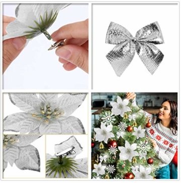 MMTX 120 Stück Christbaumschmuck mit Glitter Poinsettia künstliche Weihnachtsblumen Bögen Bell Schneeflocken kleine Krücken Clips für Weihnachtsbaumschmuck Weihnachtsdeko Fensterdeko (Silber) - 6