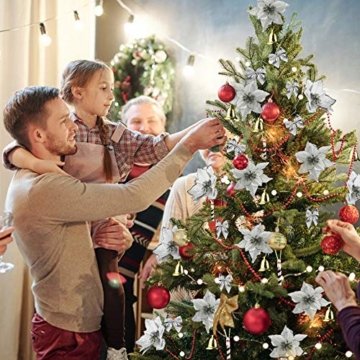 MMTX 120 Stück Christbaumschmuck mit Glitter Poinsettia künstliche Weihnachtsblumen Bögen Bell Schneeflocken kleine Krücken Clips für Weihnachtsbaumschmuck Weihnachtsdeko Fensterdeko (Silber) - 7