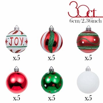 Valery Madelyn Weihnachtskugeln 30 Stücke 6CM Kunststoff Christbaumkugeln Weihnachtsdeko mit Aufhänger Weihnachtsbaumschmuck für Dekoration Klassische Serie Thema Rot Grün Weiß - 5