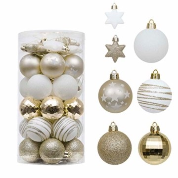 Valery Madelyn Weihnachtskugeln 35tlg. 5cm Plastik Christbaumkugeln Set, Weihnachtsbaumschmuck Dekoration Christbaumschmuck für Haus Dekoration Elegant Thema Weiß Gold - 1