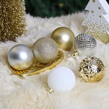 Valery Madelyn Weihnachtskugeln 50 Stücke 6CM Kunststoff Christbaumkugeln Weihnachtsdeko mit Aufhänger Weihnachtsbaumschmuck für Weihnachtsdekoration Elegant Basiskugel Thema Gold Weiß - 4