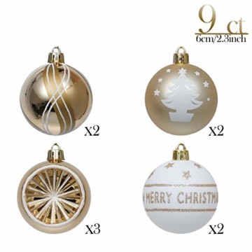 Valery Madelyn Weihnachtskugeln 9 Stücke 6CM Kunststoff Christbaumkugeln Weihnachtsdeko mit Aufhänger Baumschmuck für Weihnachtsdekoration Gold Weiß Elegant Thema - 5