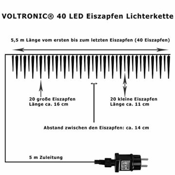 VOLTRONIC® 40 LED Lichterkette Eiszapfen für innen und außen, Farbwahl: kalt-weiß/blau, GS geprüft, IP44, optional mit 8 Leuchtmodi/Fernbedienung/Timer, Länge 5,5m + 5m Zuleitung - 4