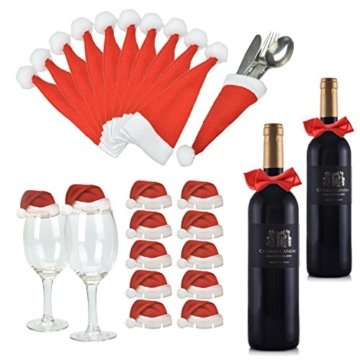 Weihnachts Tischdeko Weihnachtsmannmützen und Schleifen, 10 mal Bestecktasche, 10 mal Deko für Weingläser und 2 mal Deko für Weinflaschen - 1